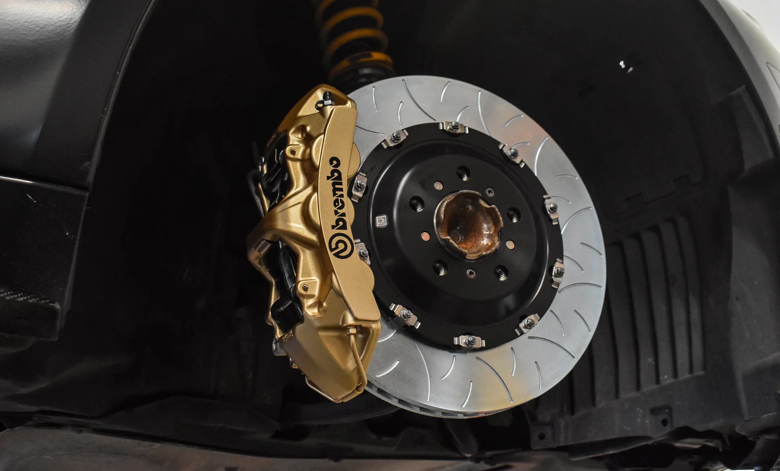 A close-up of a high-performance brake system on a sports car.